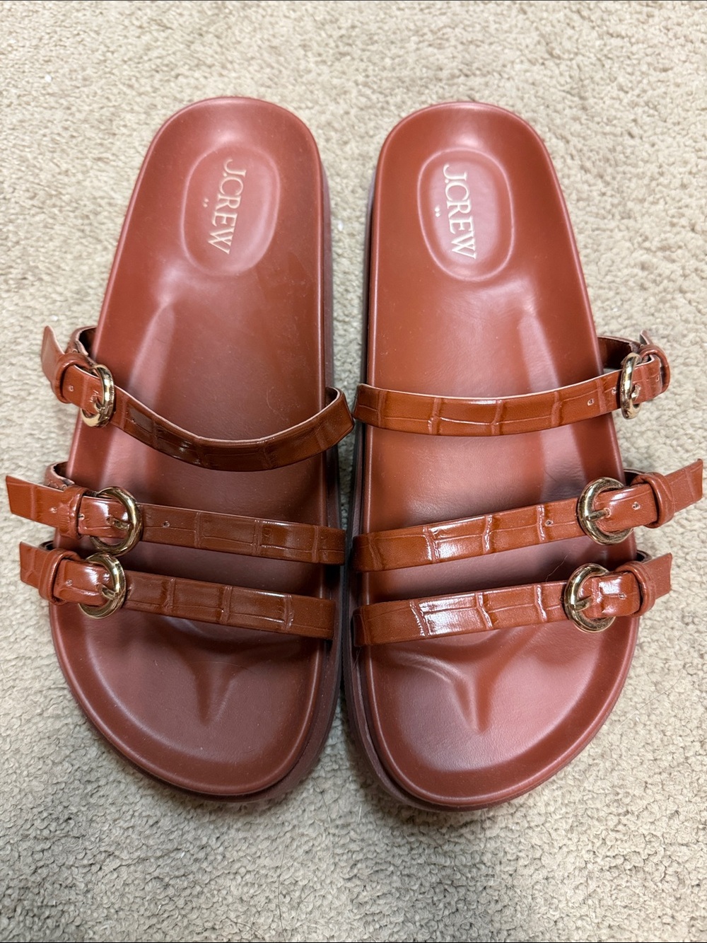 J. Crew Factory Triple Buckle Slide Sandals in Chestnut Brown